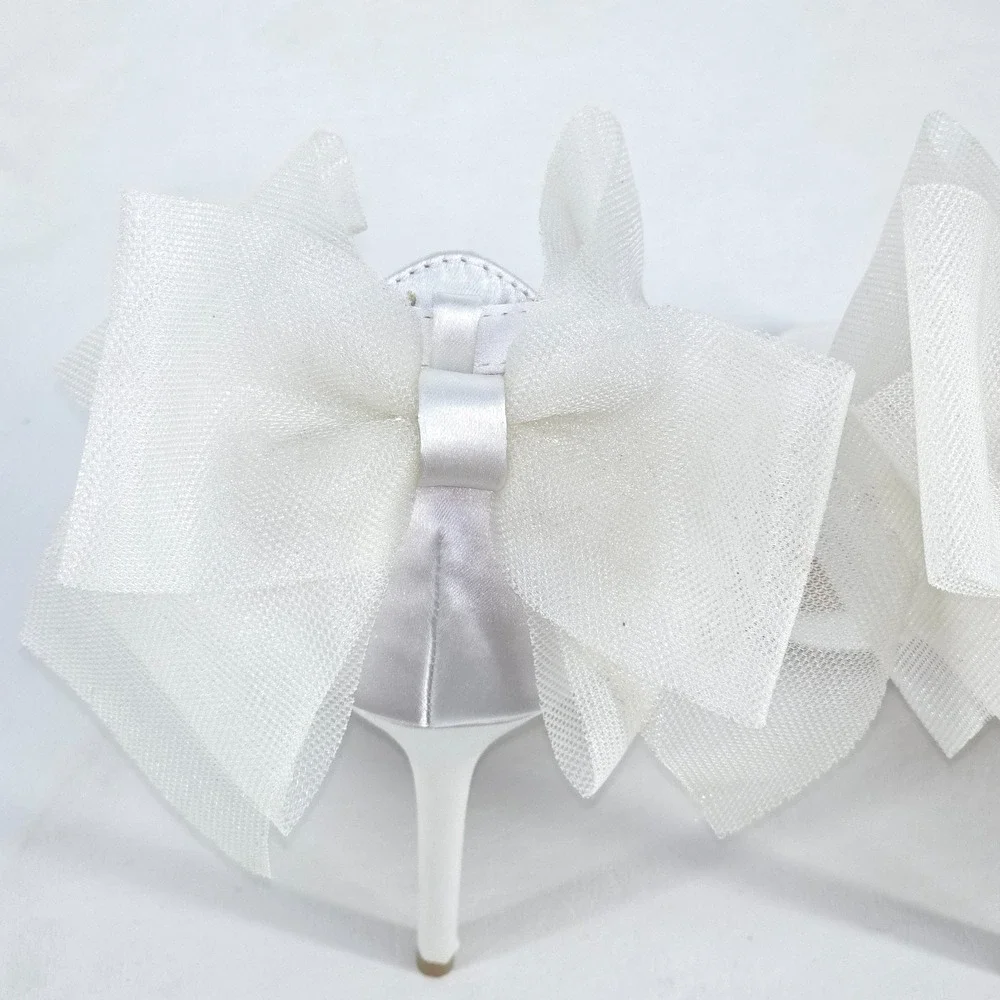 Lulu's Ayanna Satin Bow Ankle Strap Heels Womens 7.5 White Sandals Wedding Shoes